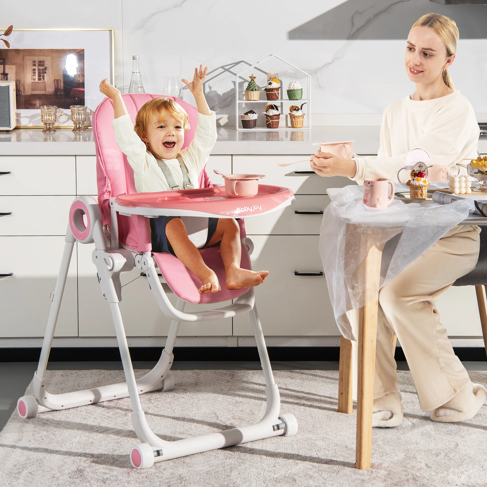 Babyjoy Baby High Chair Foldable Feeding Chair w/ 4 Lockable Wheels Pink