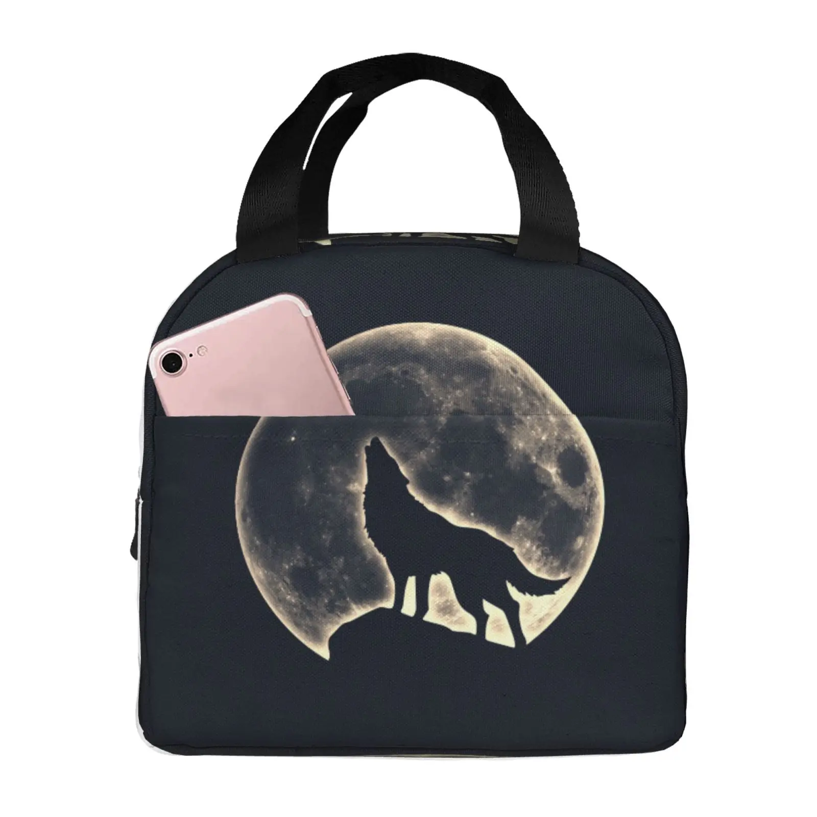 Night Round Moon Howling Wolf Pattern Lunch Tote Bag Insulated Leakproof Lunch Box Container with Front Pocket for Girls Boys