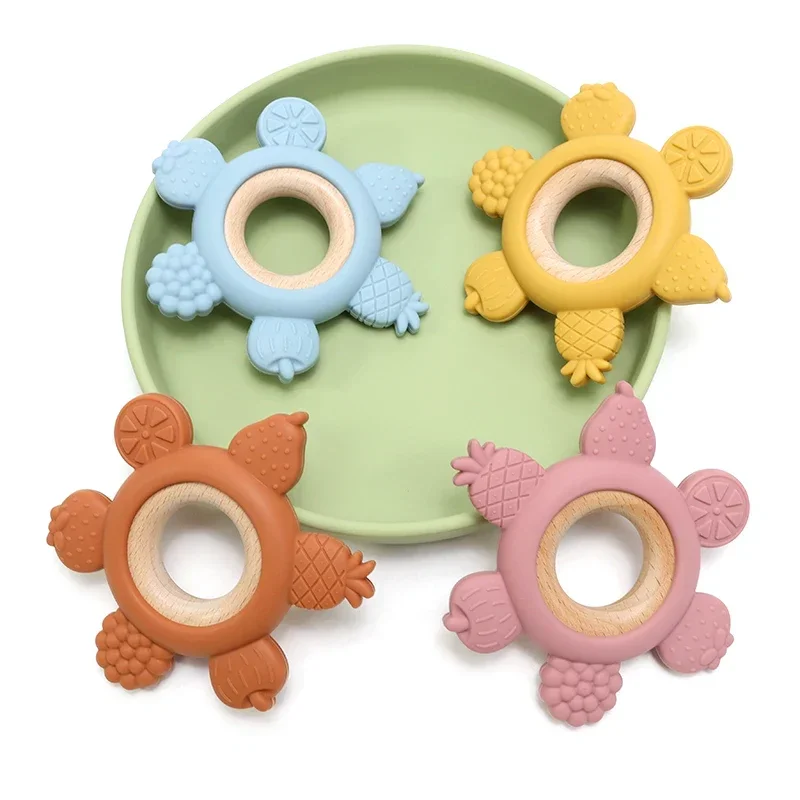 Food Grade Baby Safe Silicone Teether Fruit Shape Bite Point Wooden Ring Teething Toy for Newborn Gifts Sensory Toys BPA Free