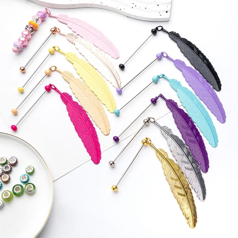 1pc Vintage Feather Shape Metal Bookmarks DIY Glass Beaded Hook Alloy Bookmark for Student Teacher Book Page Holder