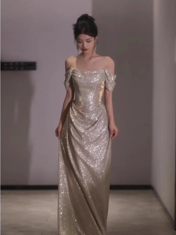 

iny Sequin One oulder Evening Gown Women's High-End Silver Birthday Adult Ceremony Art Exam Host Wedding Morning Robe