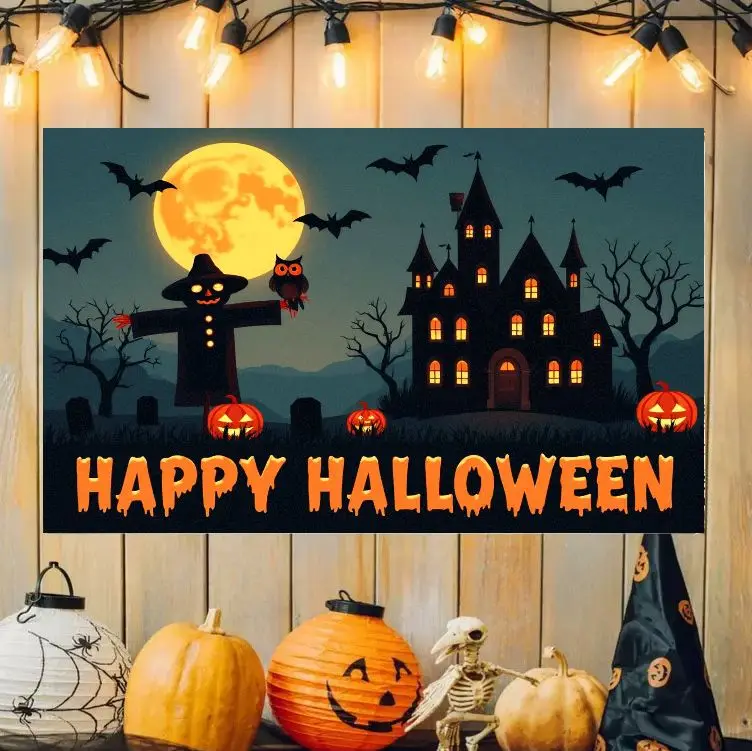 VIKAMA Cute Halloween Tapestry Haunted House Skeleton Ghost Pumpkin Moon Wall Hanging Dorm Bedroom Holiday Decor Cloth