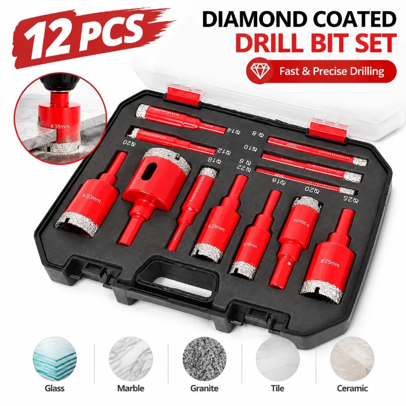 12Pcs Diamond Drill Bit Set 6-35mm Hole Saw Kit for Glass Ceramic Tile Porcelain Marble Granite Masonry Drilling with Case Tools