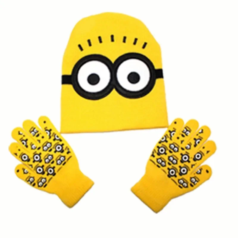 2Pcs Minionsed Winter Knitted Wool Hats Warm Ear Protection Beanie Cute Hat Gloves Scarf Set Outdoor Ski & School Commute Therma view 6