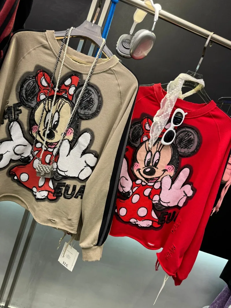 Autumn New Heavy Beaded Cartoon Crew Neck Sweatshirt Women's Loose Casual Pullovers Top Long-sleeves Sudaderas Streetwear Ladies