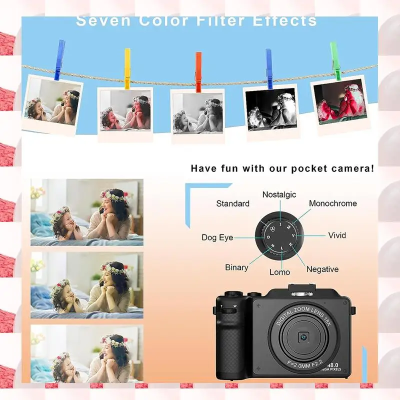 كاميرا رقمية بشاشة IPS 3 بوصات للتصوير الفوتوغرافي، كاميرا مزدوجة أمامية وخلفية مع كشف تلقائي للوجه