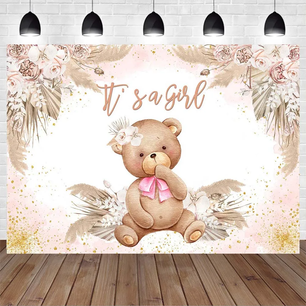 Mocsicka Bohemian Baby Shower Backdrop It's a Girl Pink Bear Boho Flowers Pampas Grass Photography Background Photo Studio Props