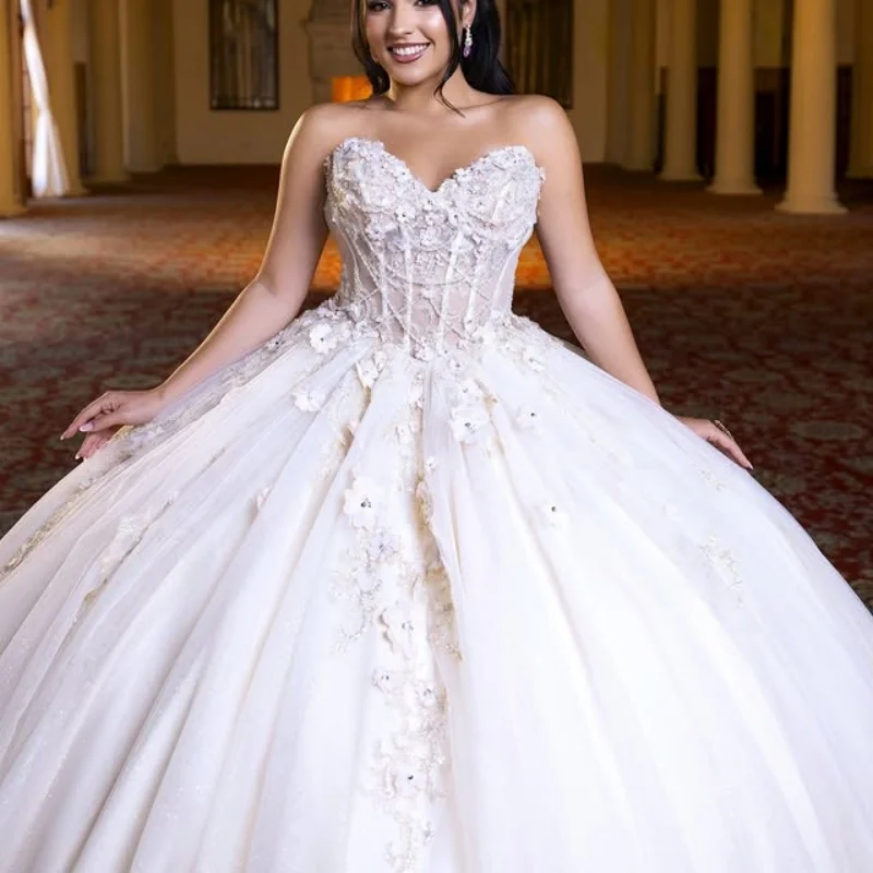 Branco quinceanera vestido lantejoulas decalque cauda longa fora do ombro 3d flor camadas arco vestidos de 15 quinceanera ﻿ Personalizar