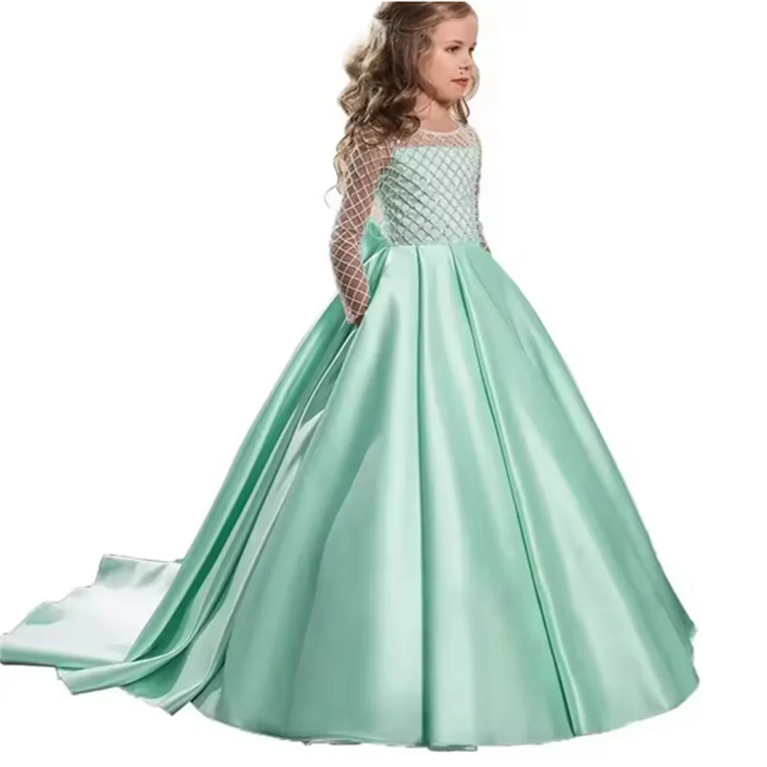 

Ball With Bow Satin Floor Length Girl Kids Birthday Party First Holy Communion Gowns Elegant Flower Girl Dresses for Wedding