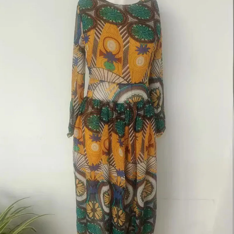 

Women's Fashion Floral Print Chiffon Beach Dress Casual Long Sleeve round Neck Elastic Loose Fit Maxi Dress