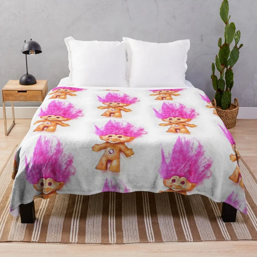 

Pink Luck Troll Doll Watercolor Throw Blanket Warm Accent Blanket for Living Room Decoration