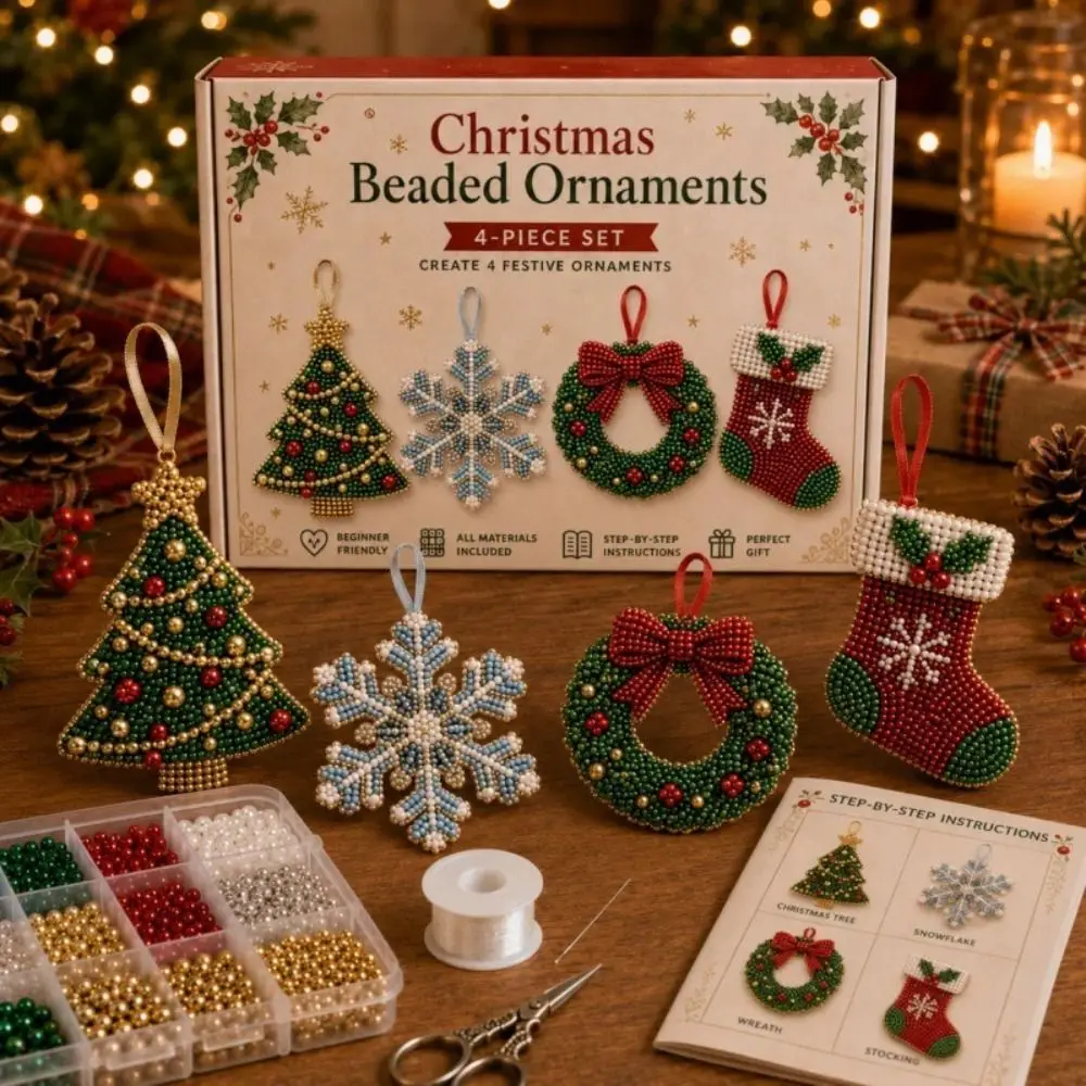 4-Piece Set Christmas Beaded Ornaments Kit Snowflake Design Wreath Design Beading Craft Set Christmas Themed Beginner Friendly