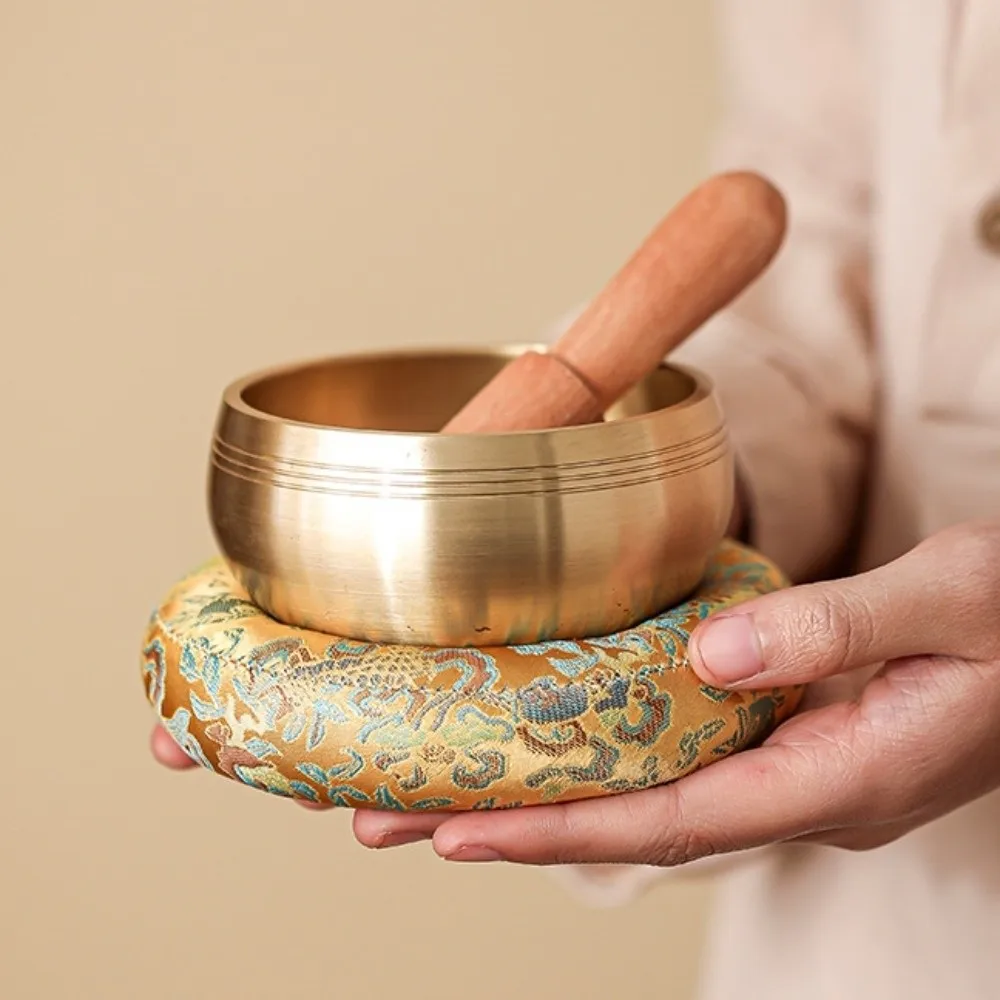 Nepalese Singing Bowl Mat Brocade Non Slip Sound Copper Out Mat Traditional Donut Shape Wooden Fish Coaster Yoga