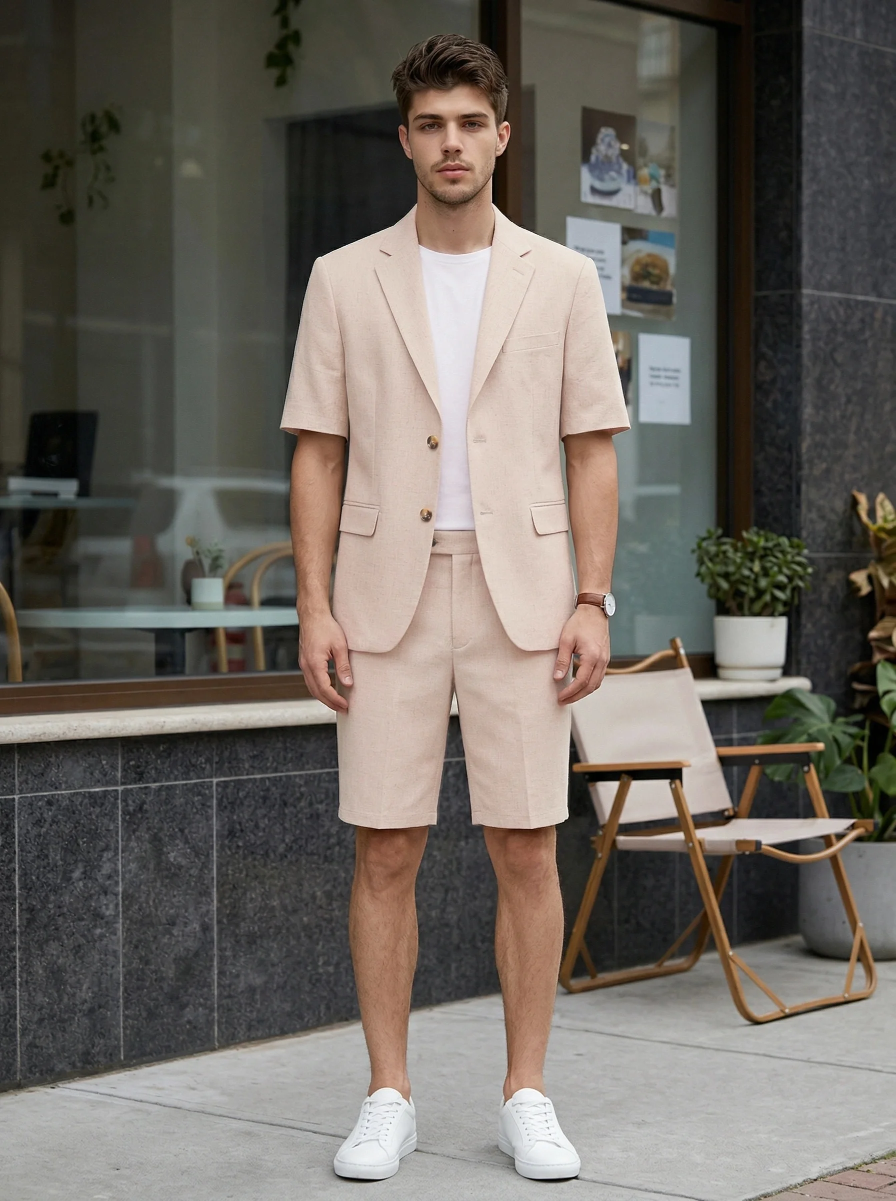 

All-Match Men Linen Summer Suit 2 Piece Short Sleeve Blazer Shorts Set Breathable Business Casual Outfit For Beach Wedding