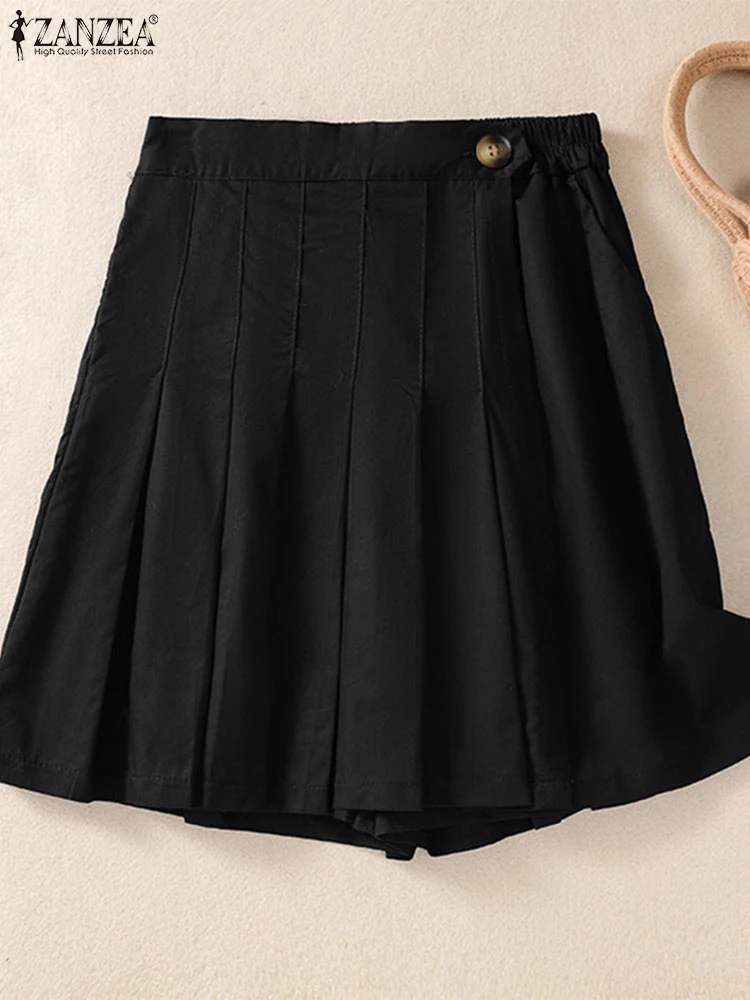 

ZANZEA Waist Elastic Shorts Skirts Women Korean Style Pleated Shorts 2025 Summer Solid Color Casual Buttons A-Line Mini Bottoms
