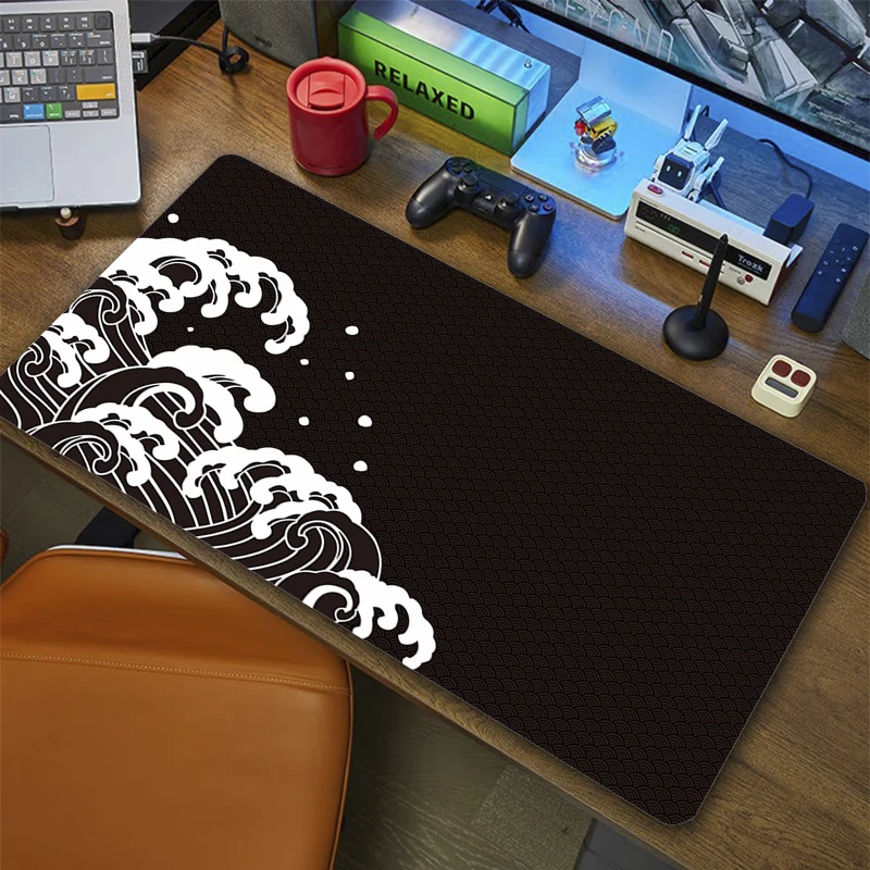 Grand tapis de souris de jeu en polymère de bureau noir et blanc, accessoires PC Gamer, média, clavier d'ordinateur, tapis de souris Anime, course