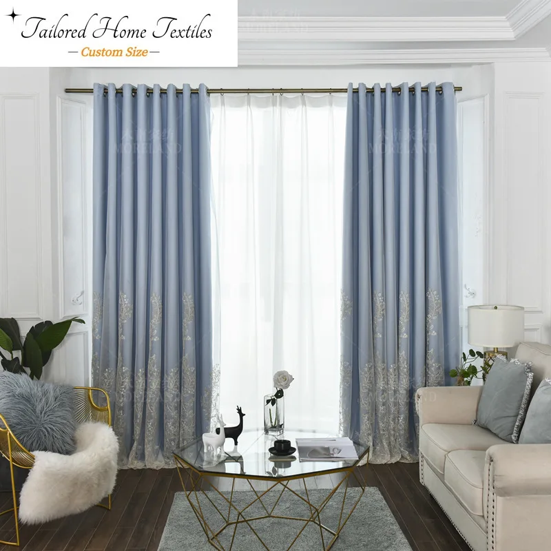 Embroidered  Solid Color Curtain Fabric Double Layer Blackout Bedroom Living Room Custom Size Fashion Elegant Window