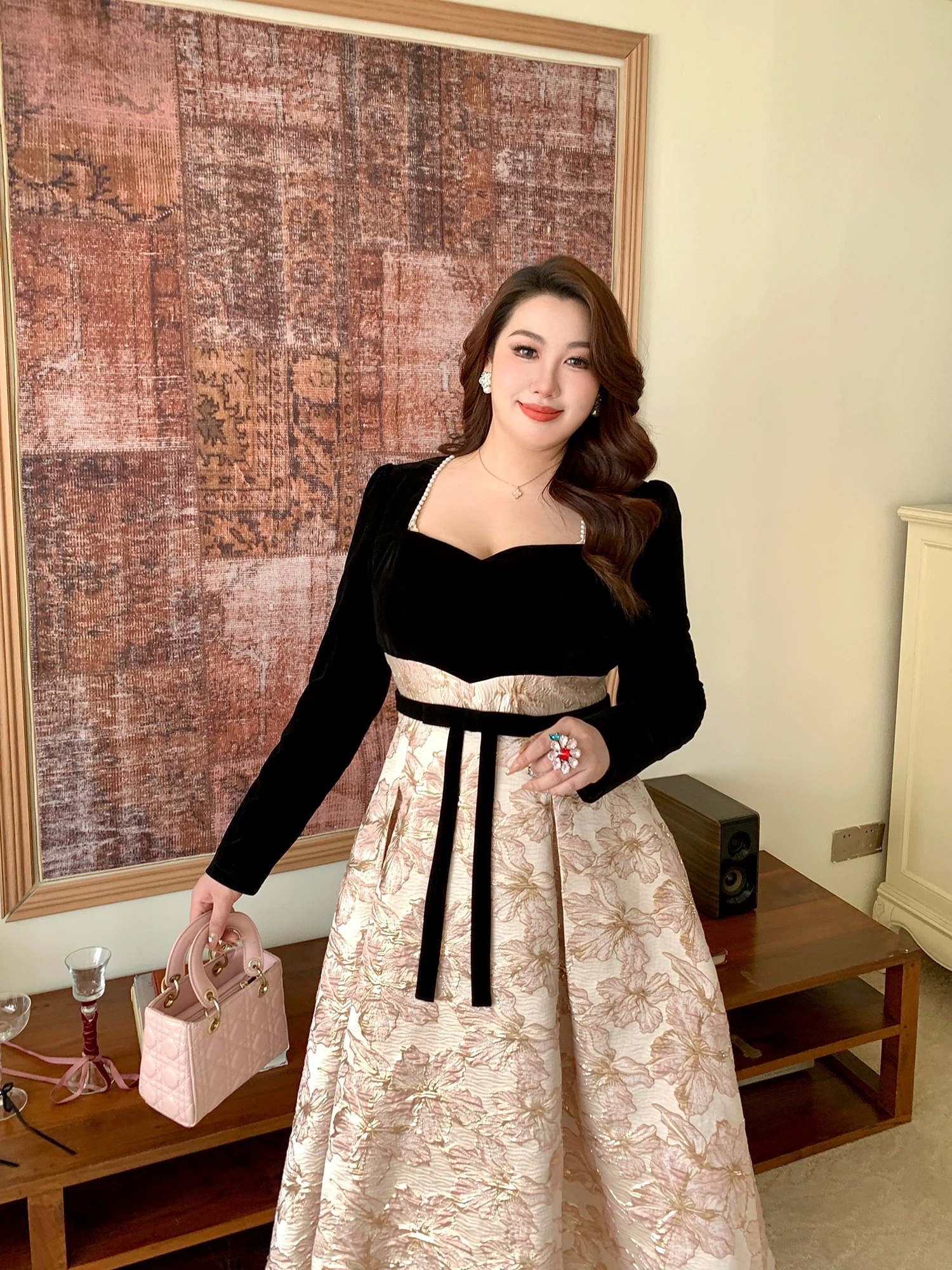 

Женское платье размера Ele больших размеров с цветочной строчкой и высокой талией, длинная юбка трапециевидной формы средней длины, платье с квадратным воротником