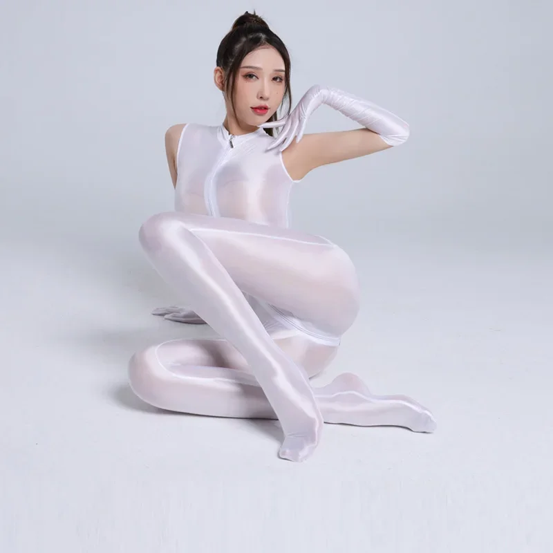 

Sexy Silky Glossy Jumpsuit Transparent Double-head Zipper Open Crotch Bodysuit Oily Bathing Suit Tights Swimsuit+Gloves Unisex