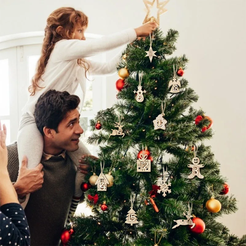 Calendrier de l'Avent de Noël en Bois, 24 Jours, Sacs Cadeaux de Noël, 1-25 Étiquettes, Décorations de ixà Domicile, Pendentif