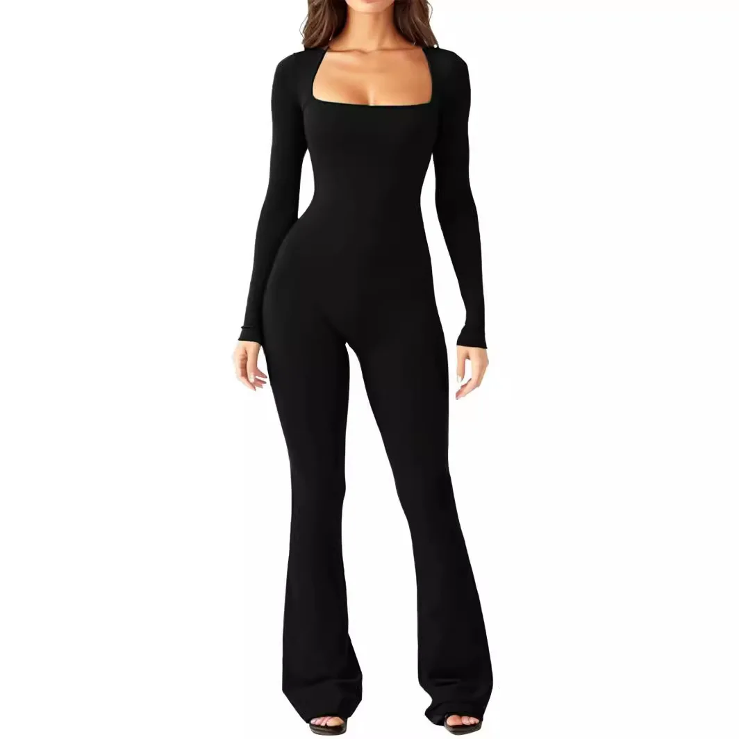women's jumpsuits and rompers long sleeve square collar low cut  solid color flared pants slim fashionable trendy jumpsuit