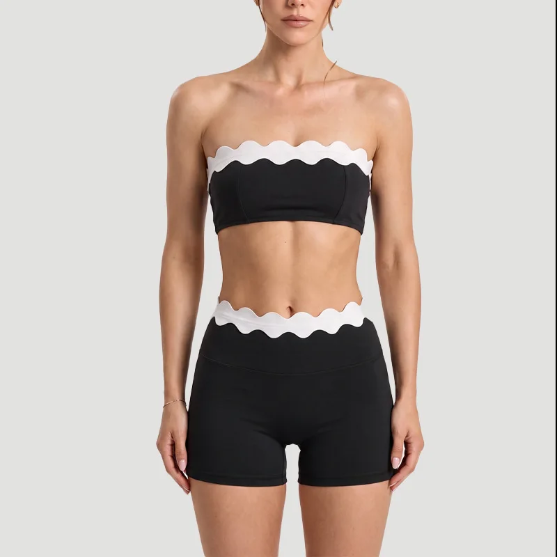 Women Scallop Contrast Color 2Pcs Workout Set Strapless Tube Top High Waist Yoga Shorts Breathable Fitness Outfit For Gym Wear