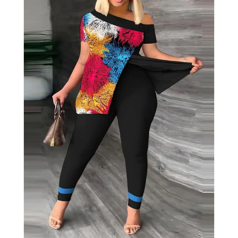 Women Fashion Geometric Print Short Sleeve 2 Pieces Set Femme Casual Sporty Suits Summer One-Shoulder Hem Split Top & Pants Sets