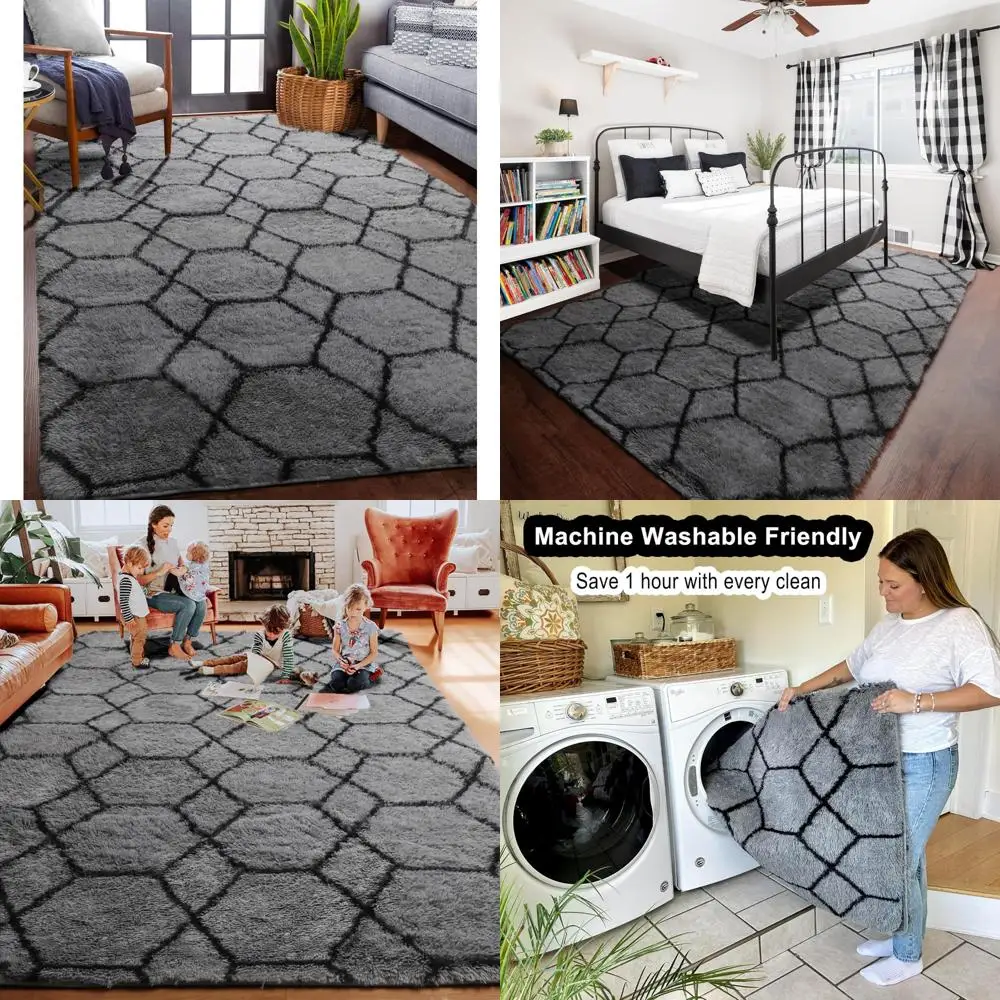 

Geometric Area Rugs for Bedroom and Living Room, 5x8 Grey and Black, Soft Plush Shaggy Floor Mat for Home Decor Aesthetics