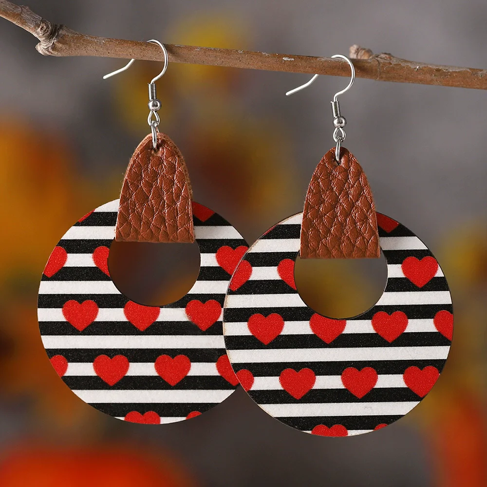 New Valentine's Day Retro Striped Love Circle Hollow Wooden Leather Earrings Love Wooden Leather Earrings