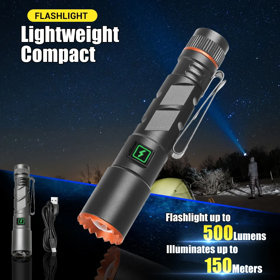 Aluminum Alloy Zoom Flashlight Super Bright Long-range Rechargeable 5 Dimming Modes Rear Strong Magnetic Mini Pen Clip Torch