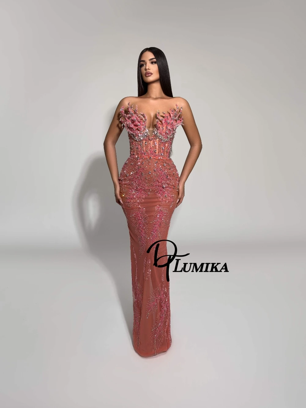 

Luxury Coral Pink Evening Gown Unique 3D Design Beaded Strapless Deep V Mermaid Handmade Crystal Formal Pageant Shiny Prom Dress