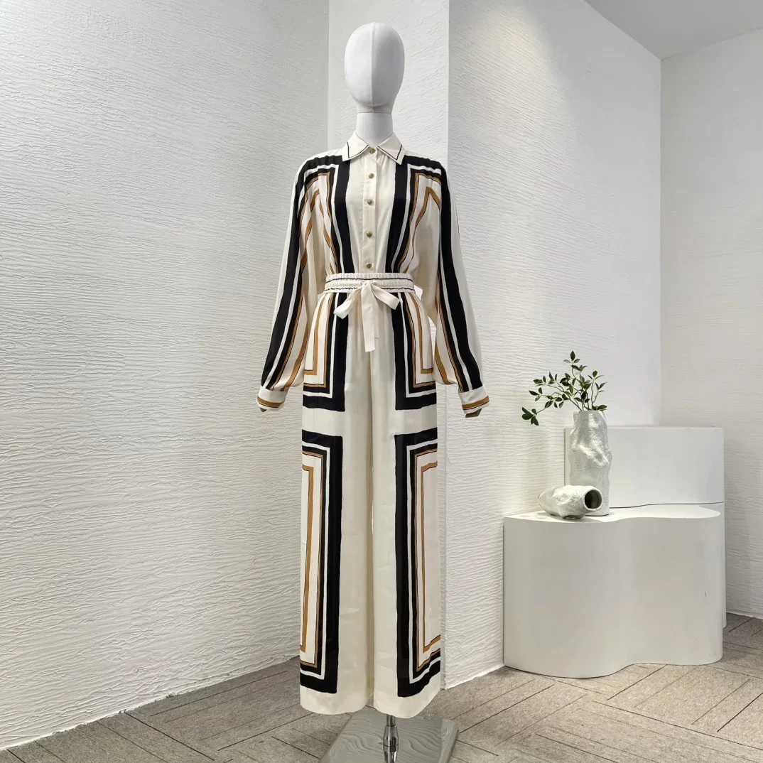 

2025 New Spring Summer High Quality Geometric Stripe Print Full Sleeve Blouse and Wide-leg Pants Women Sets Outfit