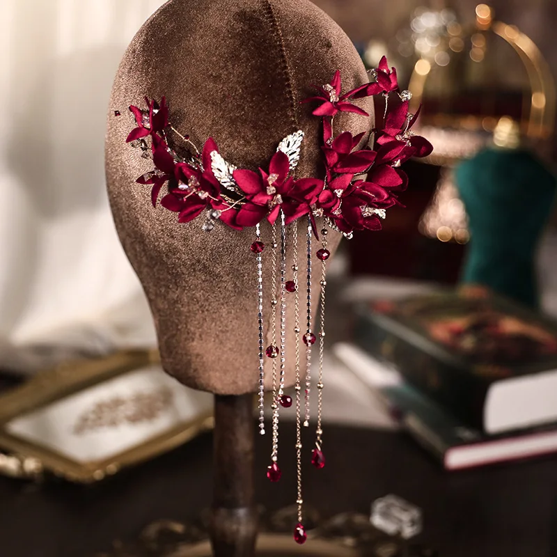 Nieuwe Rode Bloem Bruids Bruiloft Haarspeldjes Rode Kralen Kwastje Bloem Haar Clips Back Hoofd Bruiloft Hoofdtooi