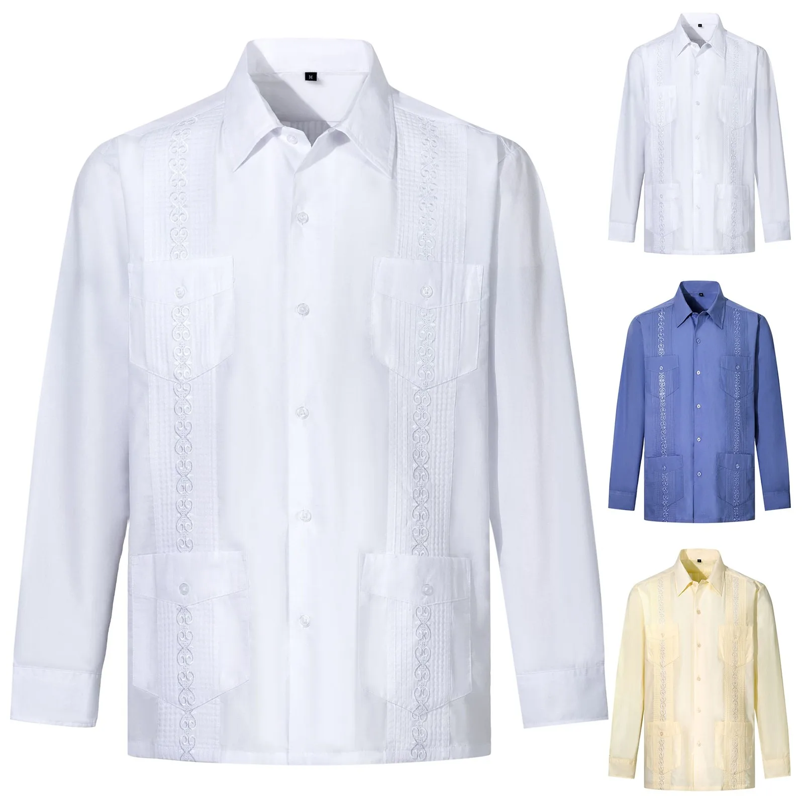 Embroidery Men\'s Cuban Guayabera Shirt Long Sleeve Single Breasted Dress Shirt Caribbean Style Multi Pocket Shirt Top Large Size