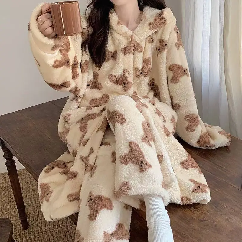 

Women's Hooded Robe Coral Fleece Winter Warm Fleece-Lined Thicken Long Cardigan Sleepwear Homewear Cozy Loungewear Nightwear