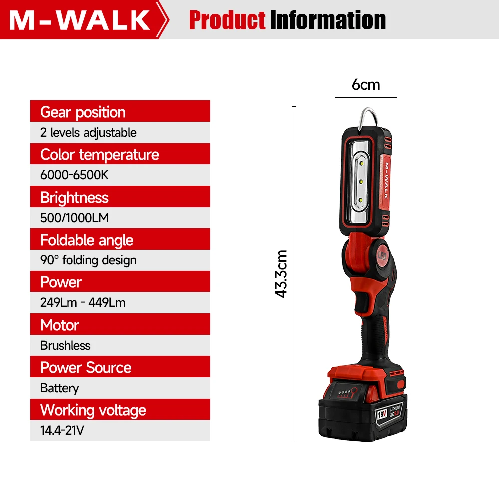 M-WALK 90° Folding LED Work Light Camping Flashlight With Hook Lighting Modes Lamp Power Tools For 18V Milwaukee Battery Pin