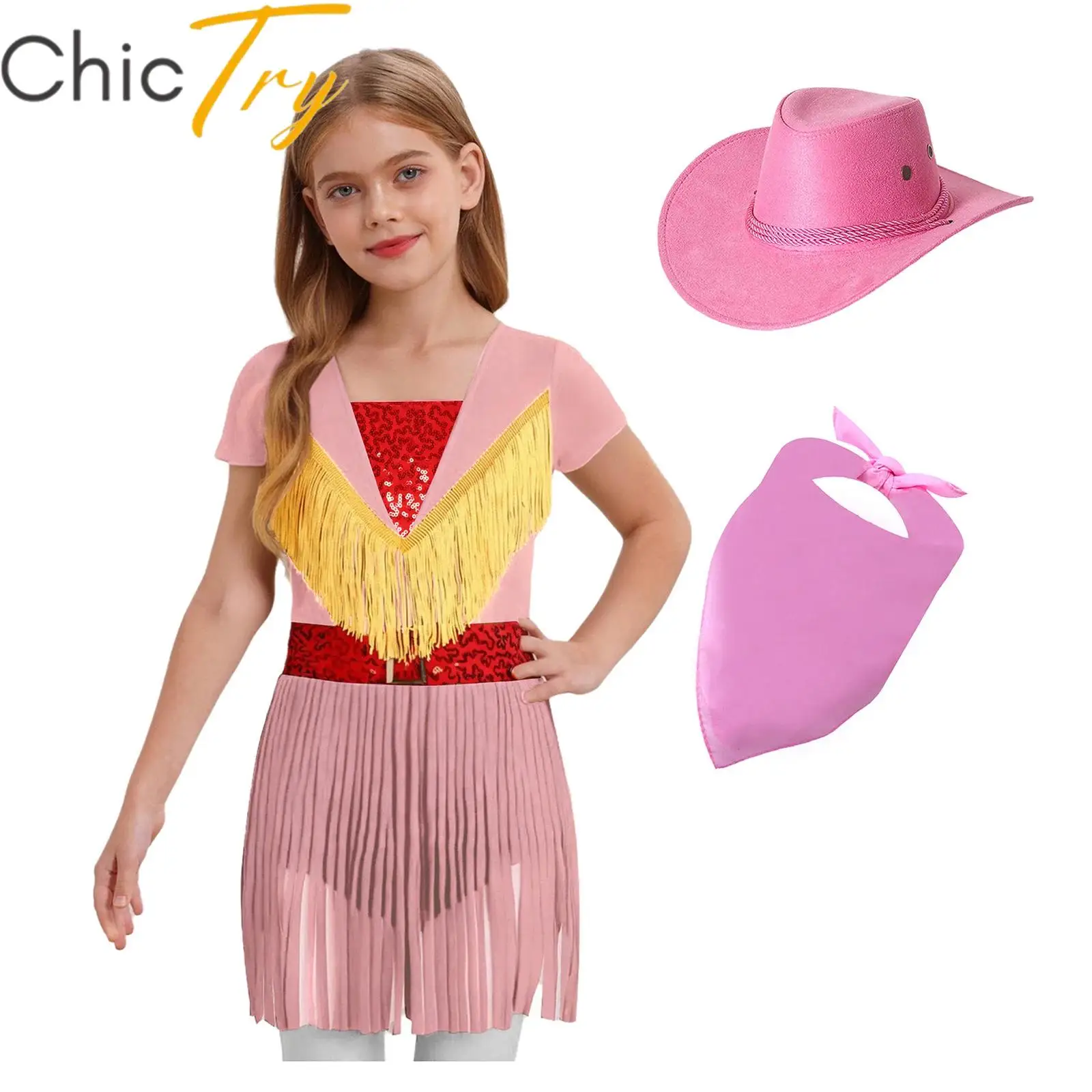 

Kids Girls Western Cowgirl Costume Halloween Cosplay Roleplay Dress Short Sleeve Tassel Hem Dress with Hat Paisley Bandana Sets