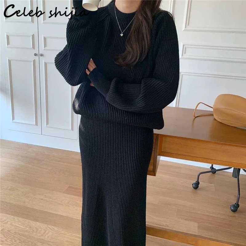 Chic White Knitted Dress Sets Woman Loose O-neck Sweater and High Waist Skirts Female Korean Autumn Winter Elegant 2 Piece Sets