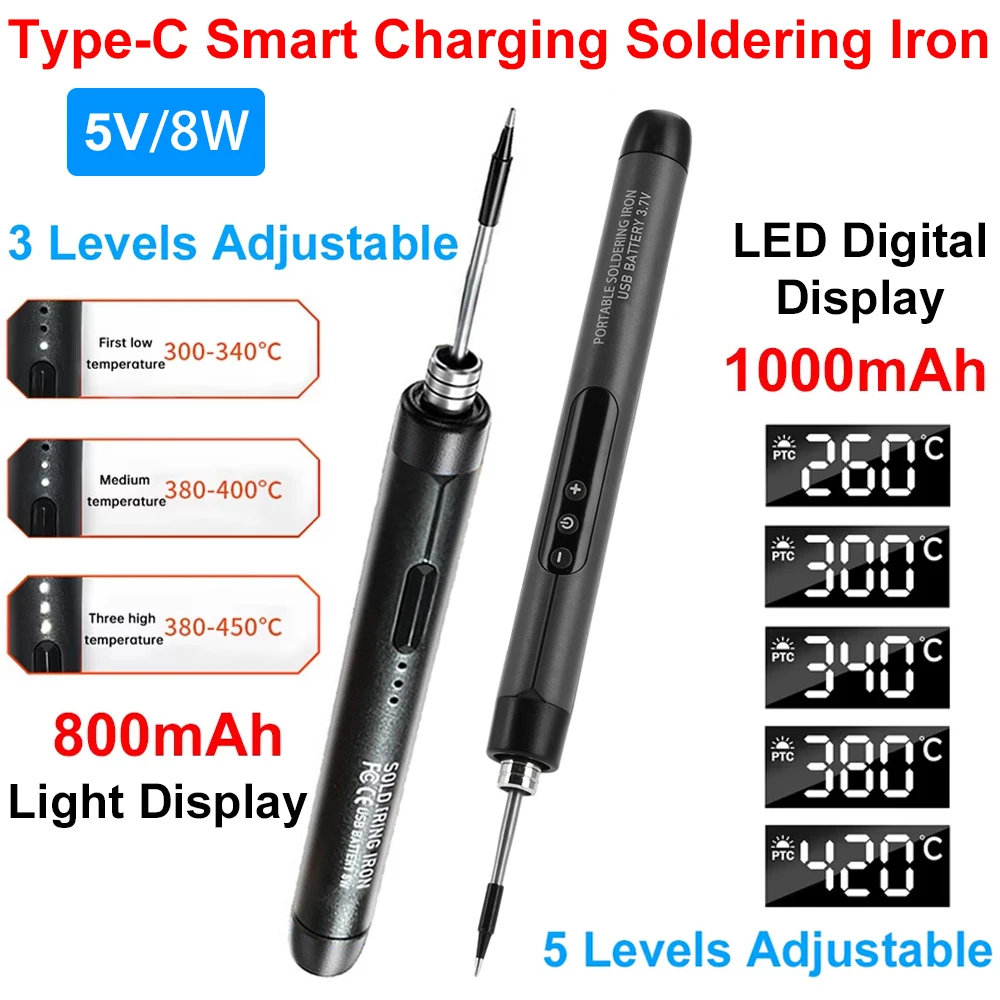 1000mAh USB LED Digital Electric Soldering Iron Kits Mini Cordless Adjustable Temperature 260-420℃ Smart Welding Solder Tool 5V