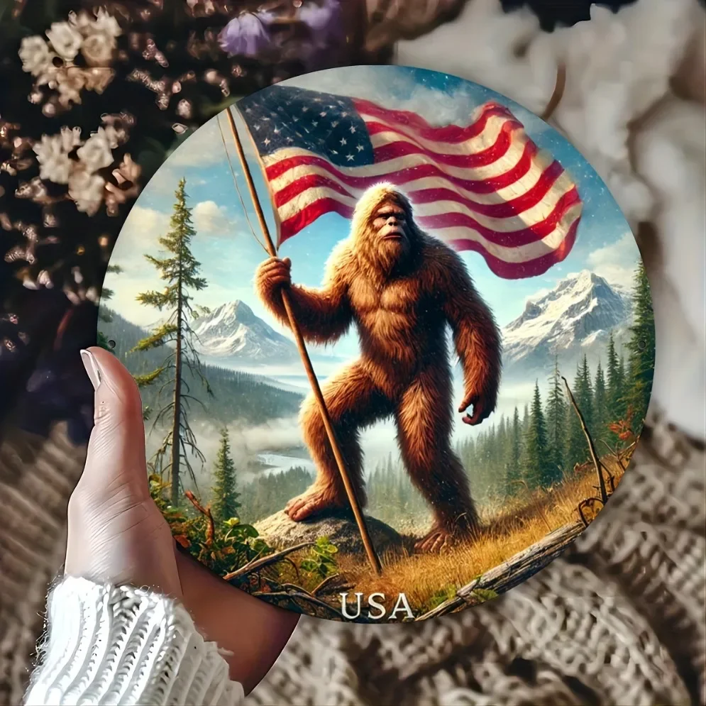 لافتة معدنية Sasquatch أمريكية عتيقة ثنائية الأبعاد - طباعة مستديرة ثنائية الأبعاد، فن جداري مقاوم للماء والغبار للمنزل