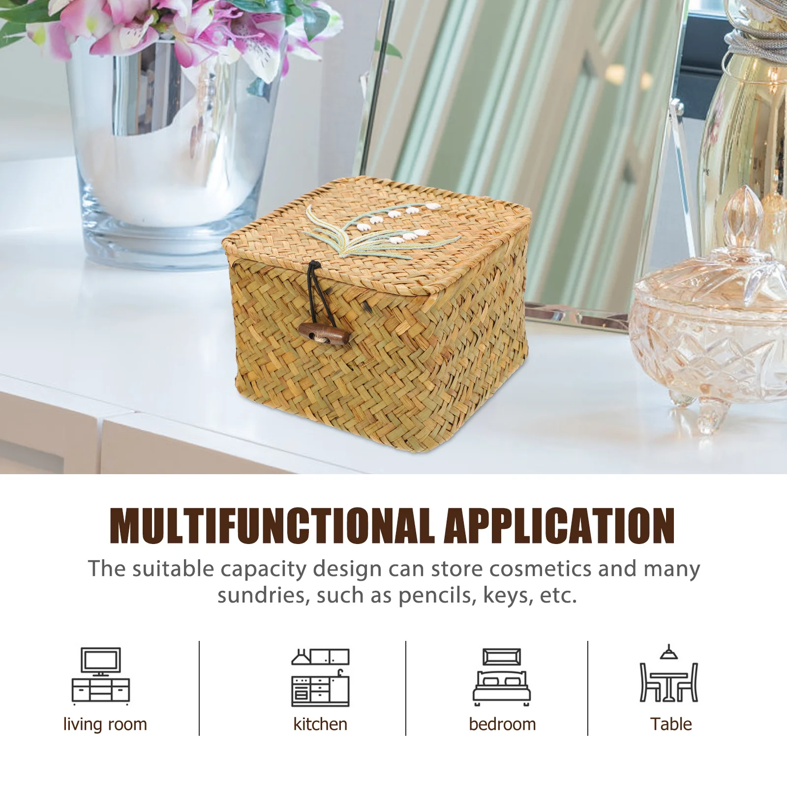 

Retro Embroidery Pattern Woven Lidded Sundry Organizer Box Desktop Storage Container for Cosmetics Keys Gift