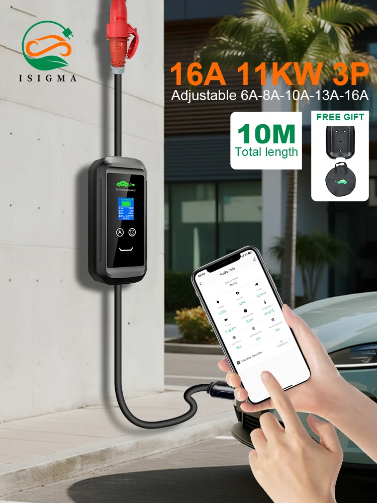 Isigma Mobiles EV-Ladegerät Typ 2, 16 A, 11 kW, 3P über Tuya-App, WLAN-Steuerung, Heimaufladung, Elektrofahrzeug, Autos, insgesamt 10 m