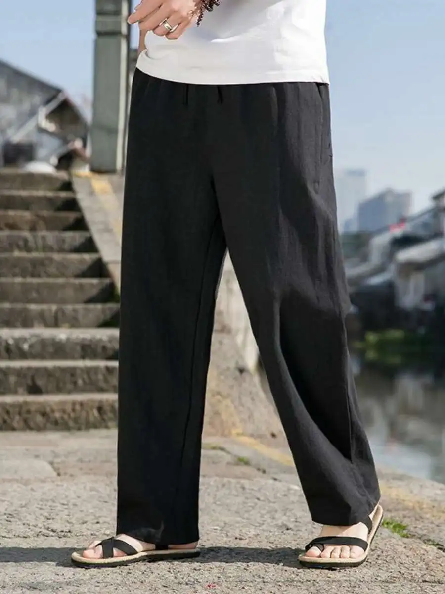 กางเกงขายาวลำลองผ้าฝ้ายลินินทรงตรงสำหรับผู้ชายฤดูใบไม้ผลิและฤดูร้อน สไตล์ลำลองแบบดั้งเดิมสำหรับวัยกลางคนและผู้สูงอายุ