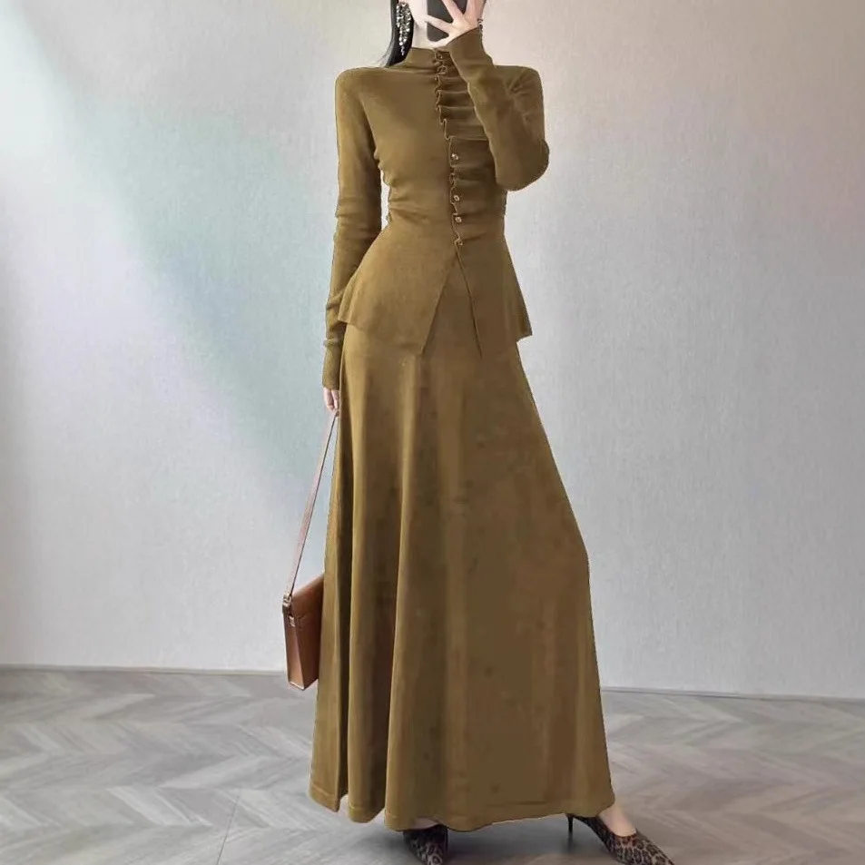 

Two Piece Sets Women Knit Skirt Set Full Sleeve Sweaters Slim Fit Long Skirts High Waist Y2k Streetwear Elegant Work Autumn 2025