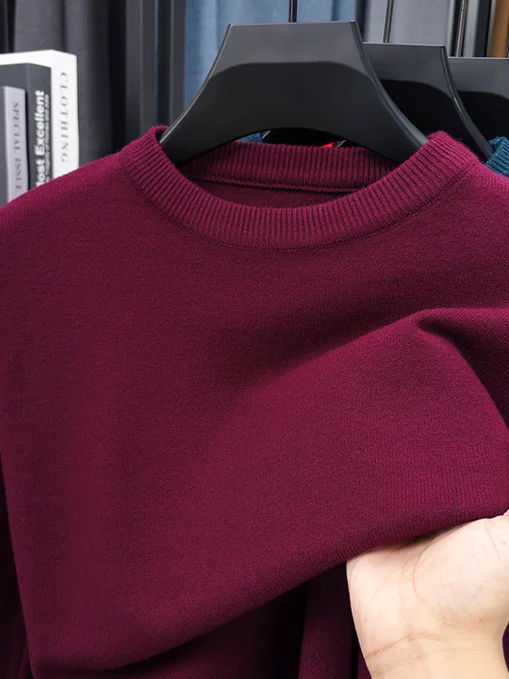 

Men's Knitted Wool Sweater Thiened round Ne Pure Color Loose Fit Fall Winter Base Layer Top Elastic Casual Long Sve
