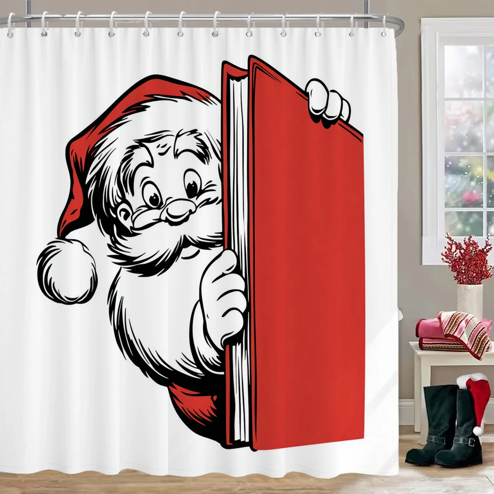 

1pc Santa Claus Printed Red Waterproof Shower Bathe Partition Privacy Hanging Curtain 12 Hook Multiple Size, Easy Installation