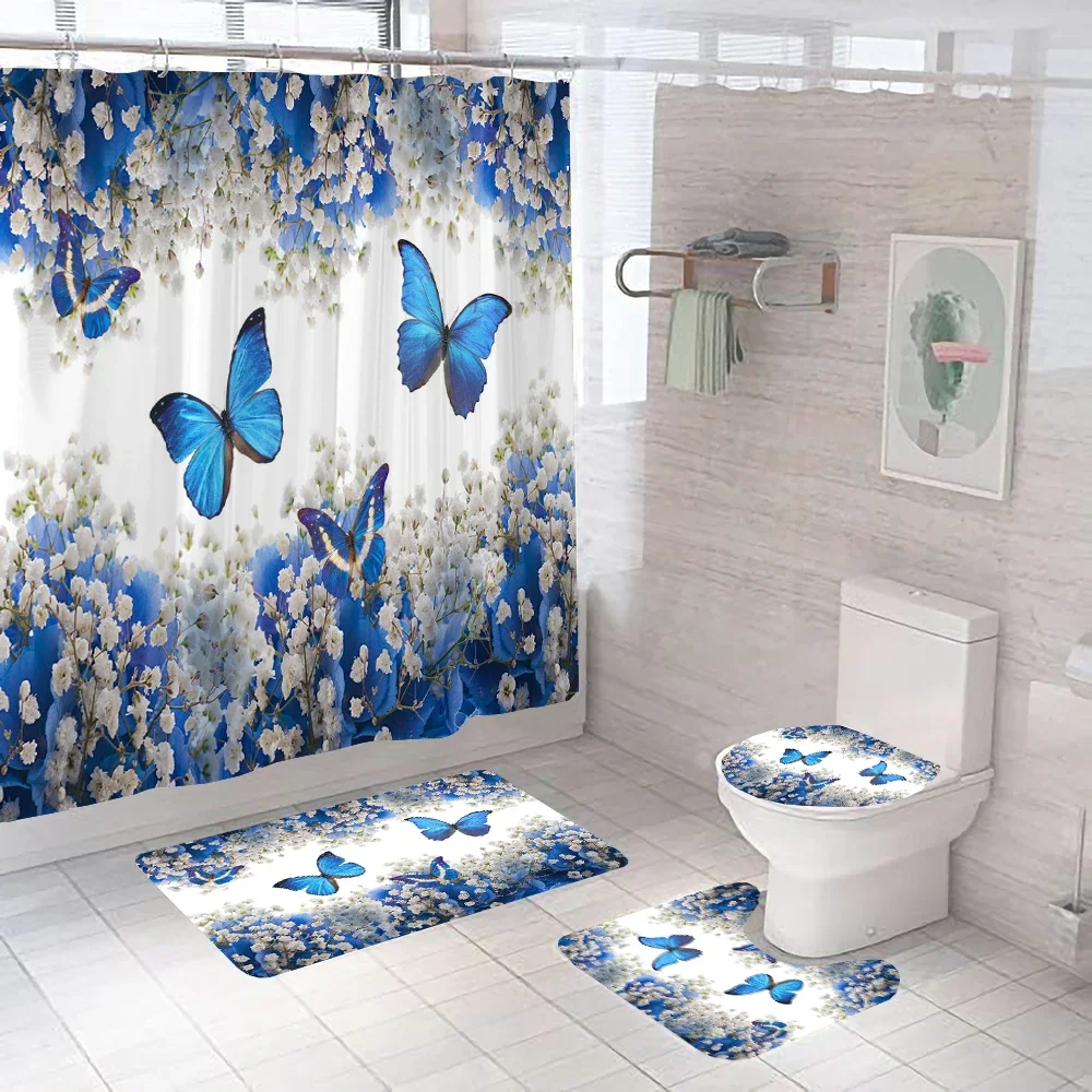 

Blue Flower Butterfly Shower curtain set Flowe Butterfly non-slip mat U-shaped Mat Toilet Mat Shower Curtain Bathroom Decoration