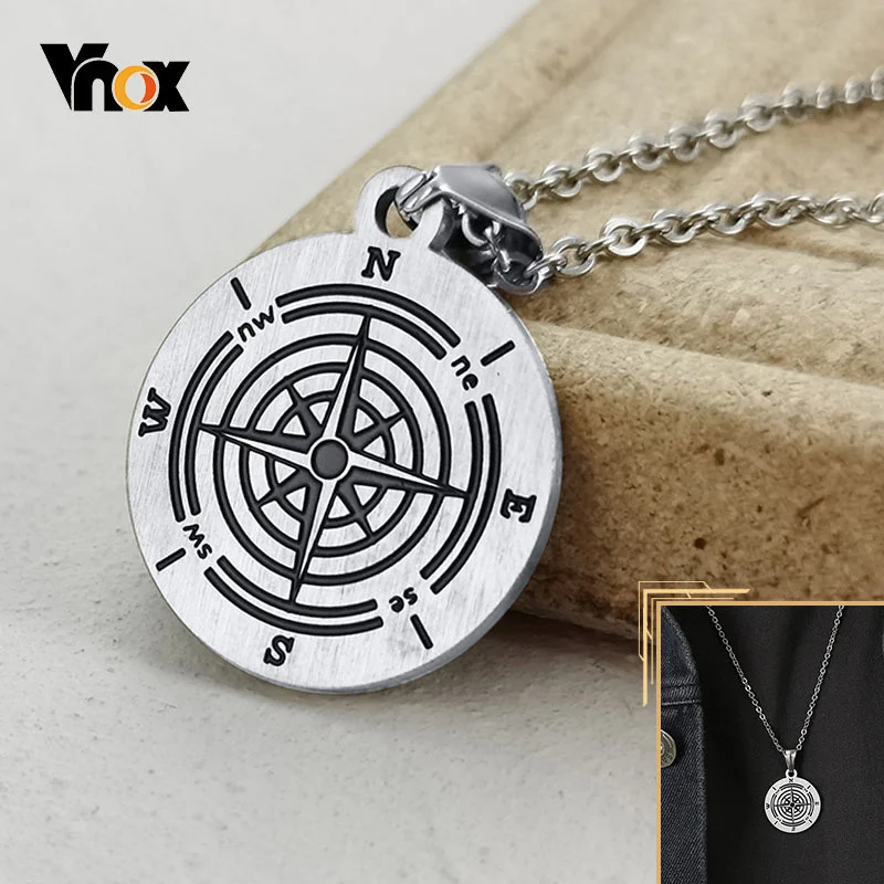 Vnox Design Stylish Compass Necklaces for Men, Matte Stainless Steel Metal Pendant with 24