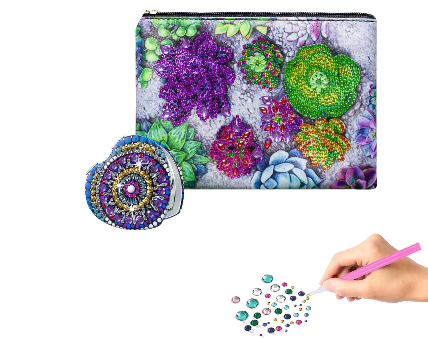 

2 pieces/set DIY PU leather floral Diamond painting purse and portable diamond art pocket mirror suitable for birthday gifts