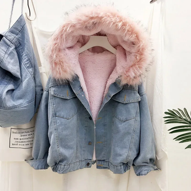 2022 New Style Denim Jacket Women's Winter Amazon European Style Hooded Thickened Fleece-Lined Cotto